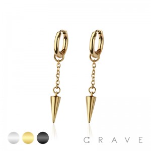 PAIR OF 316L STAINLESS STEEL HUGGIE/HOOP EARRINGS WITH  RIVE CONE SPIKE DANGLE